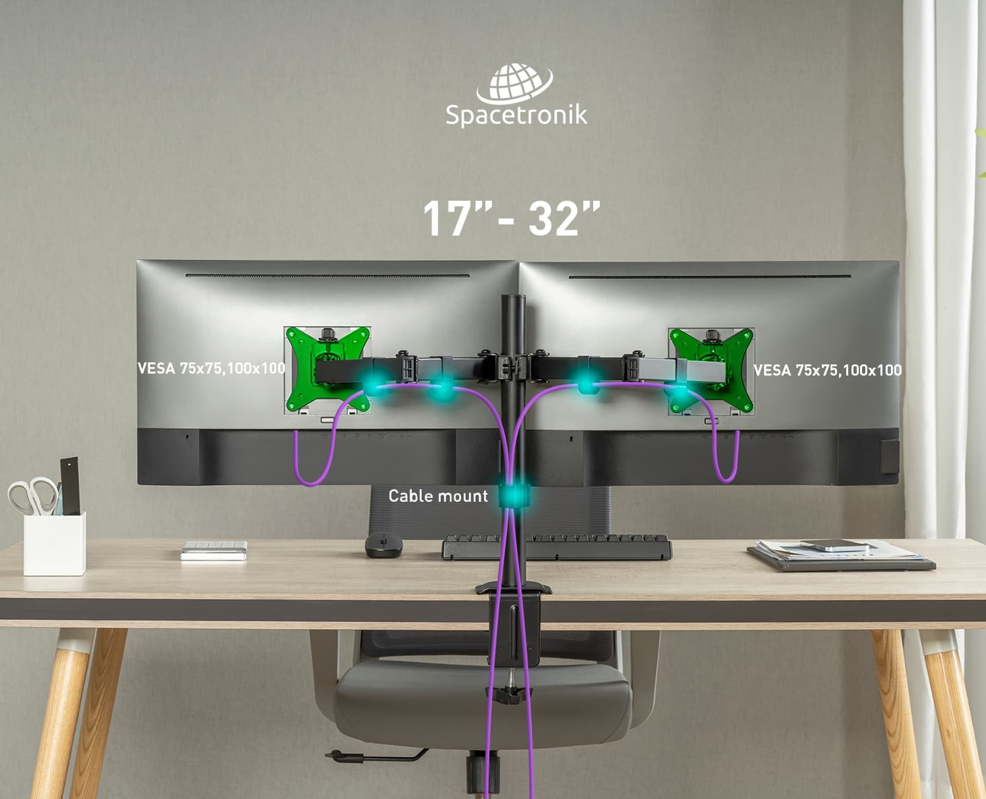 Mbajtëse për dy monitorë Spacetronik SPA-120, 17"-32", sistem gaz spring, e zezë