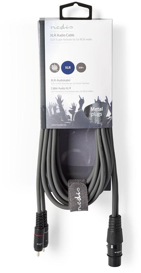 Аудио кабел Nedis XLR, XLR 3 пин женски во 2x RCA машки, 3m, сив