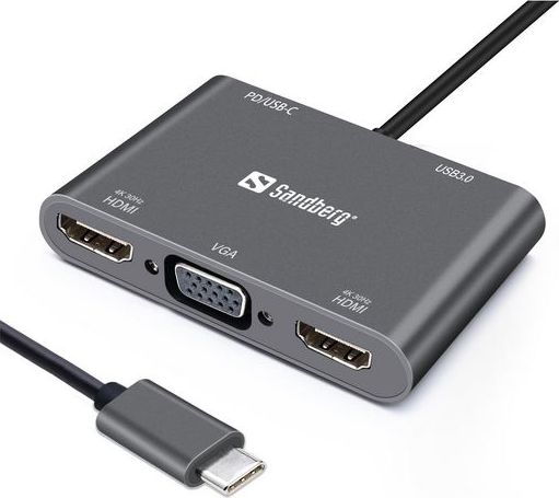 Docking station Sandberg 136-35, USB C, HDMI dhe VGA, gri alumini