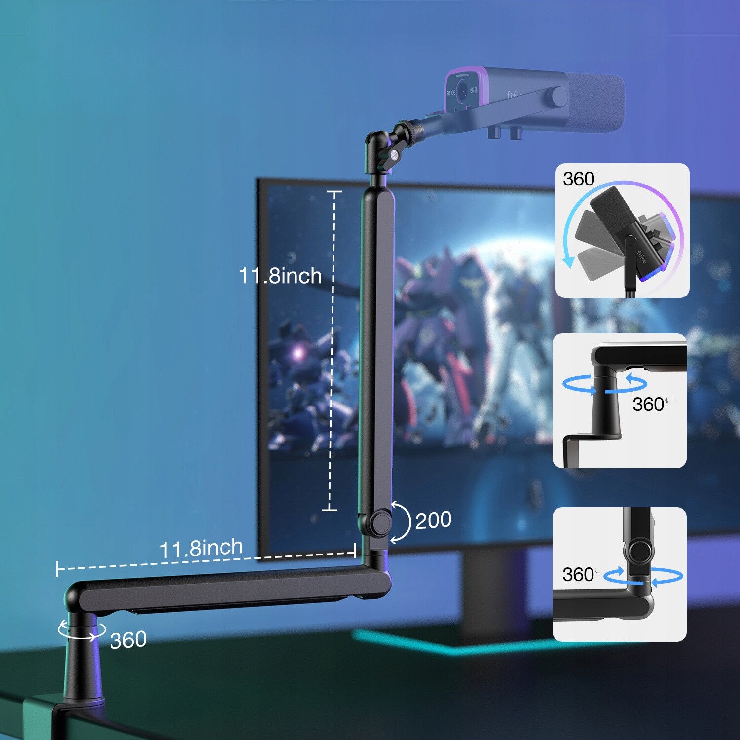 Mikrofon dinamik Fifine AmpliGame TAM8, XLR USB C, me tripod, i zi