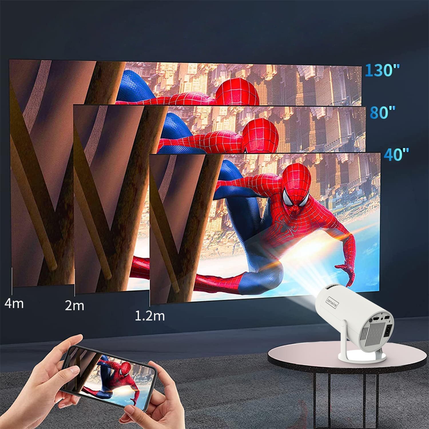 Портабилен проектор Зенwире R1 МИНИ, Андроид 12, Фул ХД 4К, сив