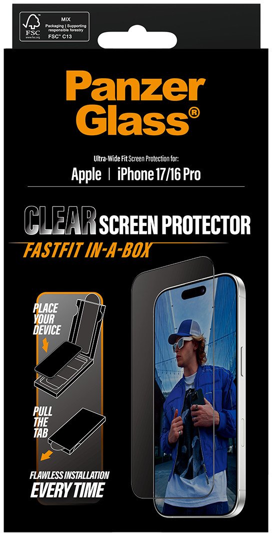 Мрежа за заштита на екран PanzerGlass за iPhone 17 и iPhone 16 Pro, Ultra Wide Fit, FASTFIT in a Box, проѕирна