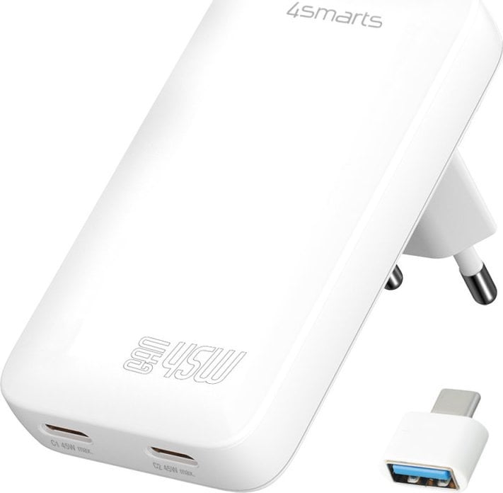 Karikues USB 4smarts FlatPlug Slim Dual, 45W GaN, 2x USB-C, i bardhë