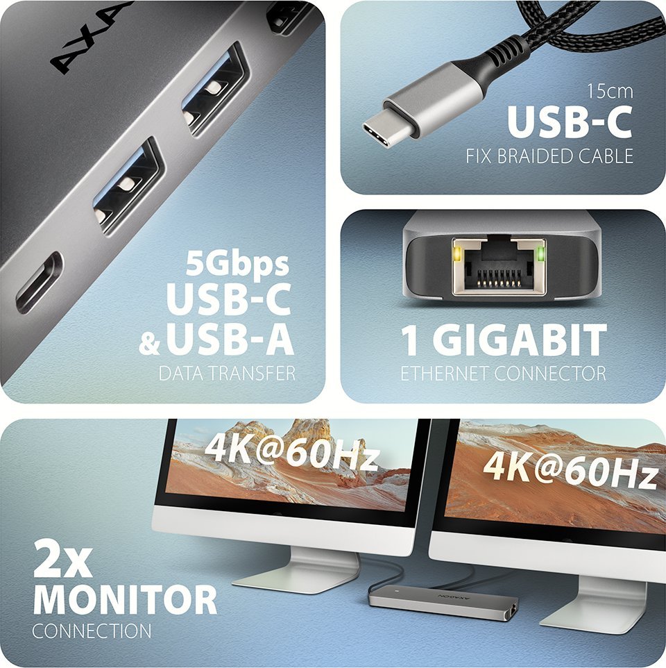 USB hub AXAGON HMC-7HX2, 2x HDMI 4K, Power Delivery 100W, argjend