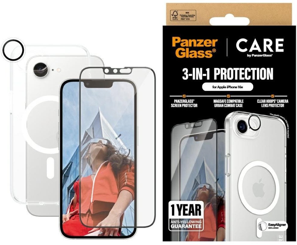 Set mbrojtës PanzerGlass CARE Flagship 3 in 1, për iPhone 16e, transparent