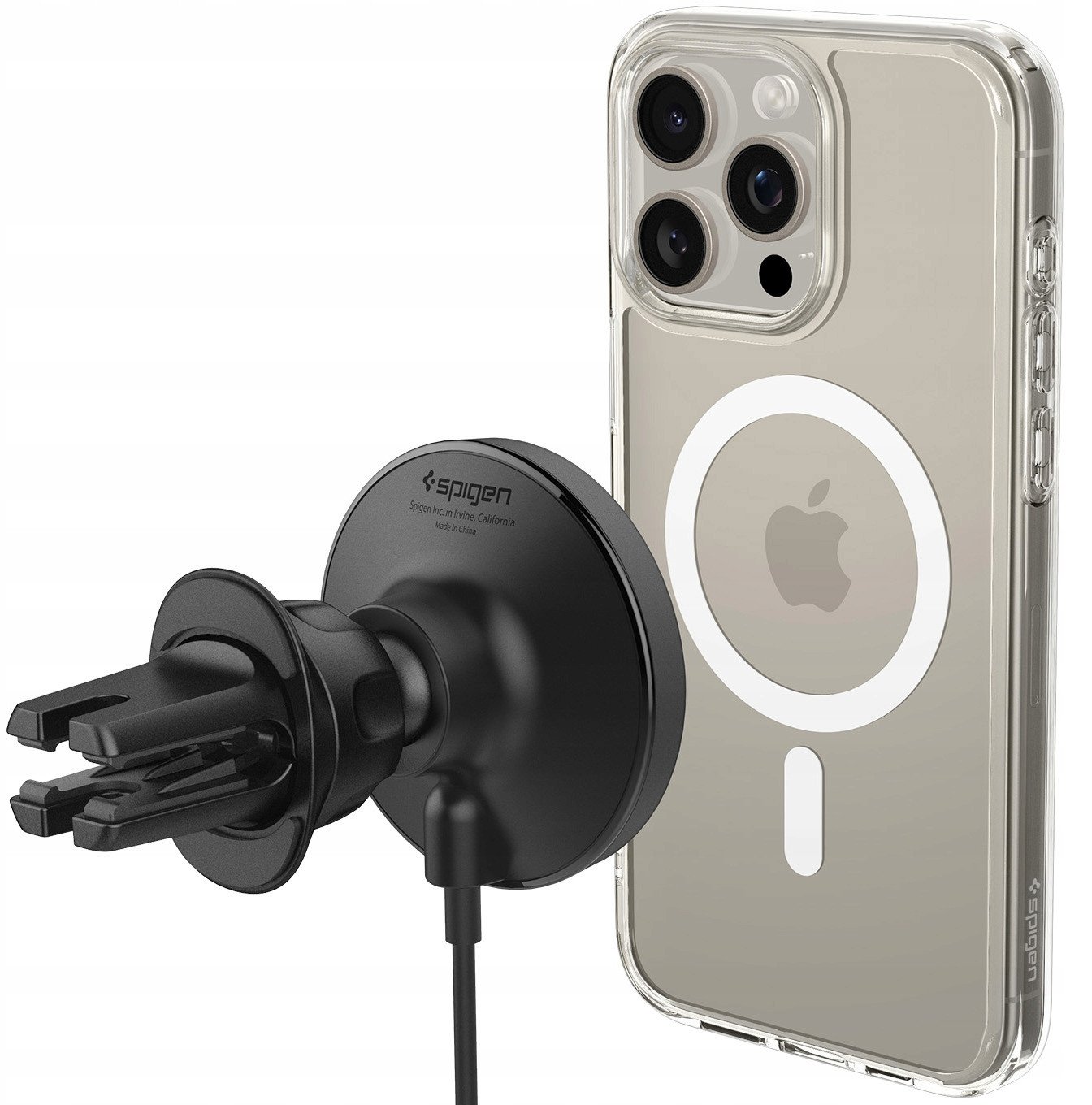 Mbajtës makine me karikues wireless Spigen OneTap Pro 4 MagSafe, montim në grilë ajri, për telefona MagSafe, i zi