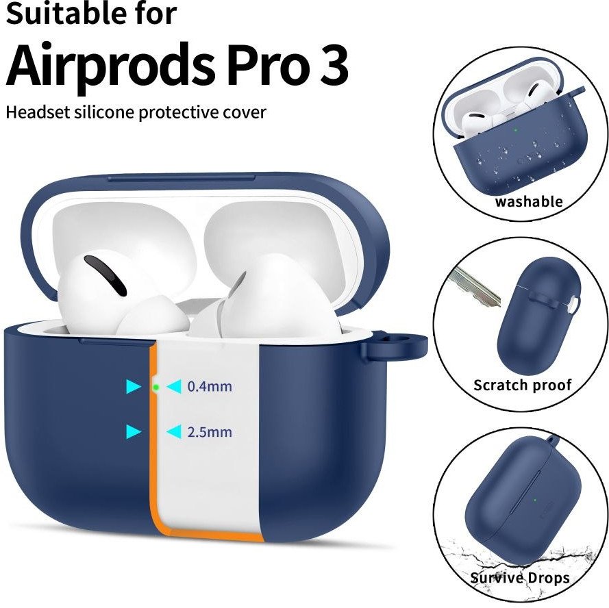 Mbulesë silikoni Tech-Protect për Apple AirPods Pro 3, me karabinë, blu navy