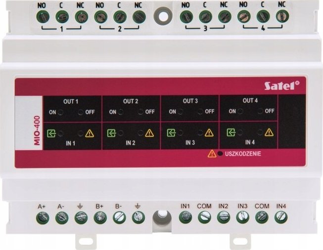 Modul hyrje dalje Satel MIO-4, për panel adresues kundër zjarrit, montim në shinë DIN, i bardhë
