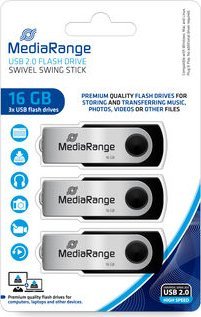 USB flash drive MediaRange MR910, set 3 copë, 16GB, USB 2.0, zi argjend