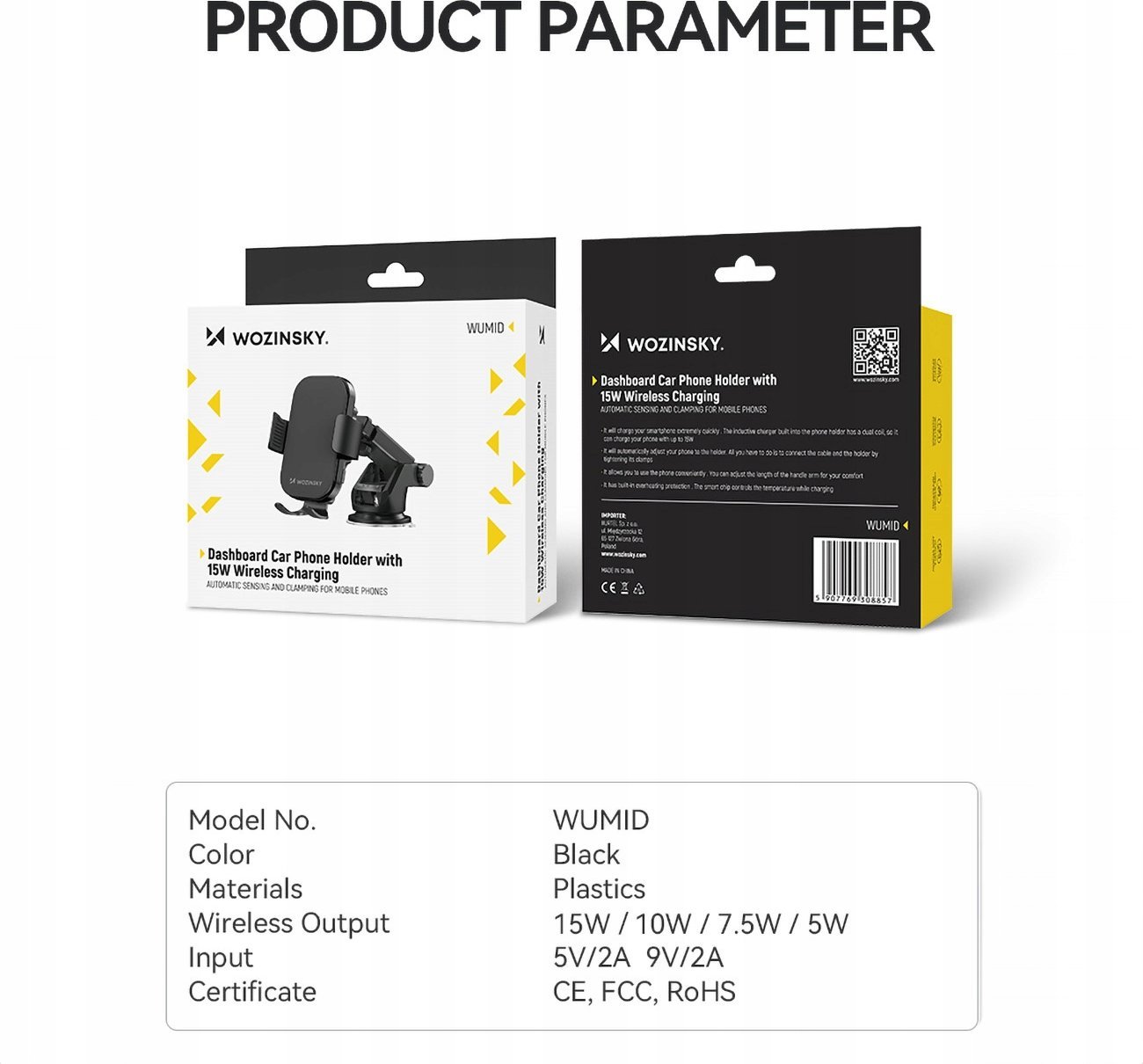 Mbajtëse telefoni Wozinsky WUMID, karikues induktiv 15W, për pult veture, e zezë
