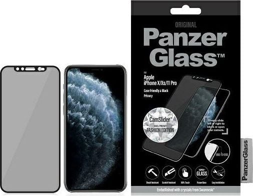 Заштитно стакло PanzerGlass Privacy за iPhone X Xs 11 Pro, Edge to Edge, CamSlider Swarovski, црно