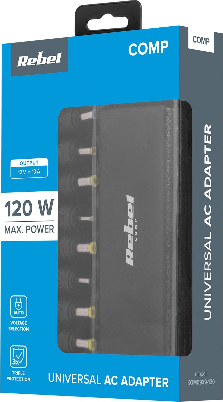 Karikues universal Rebel 120W, 12 19.5V automatik, 11 konektorë, i zi