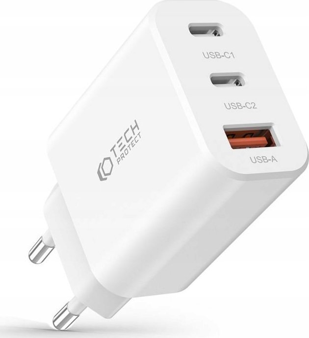 Karikues muri Tech-Protect C30W, 2x USB-C PD 30W, USB QC 3.0, i bardhë