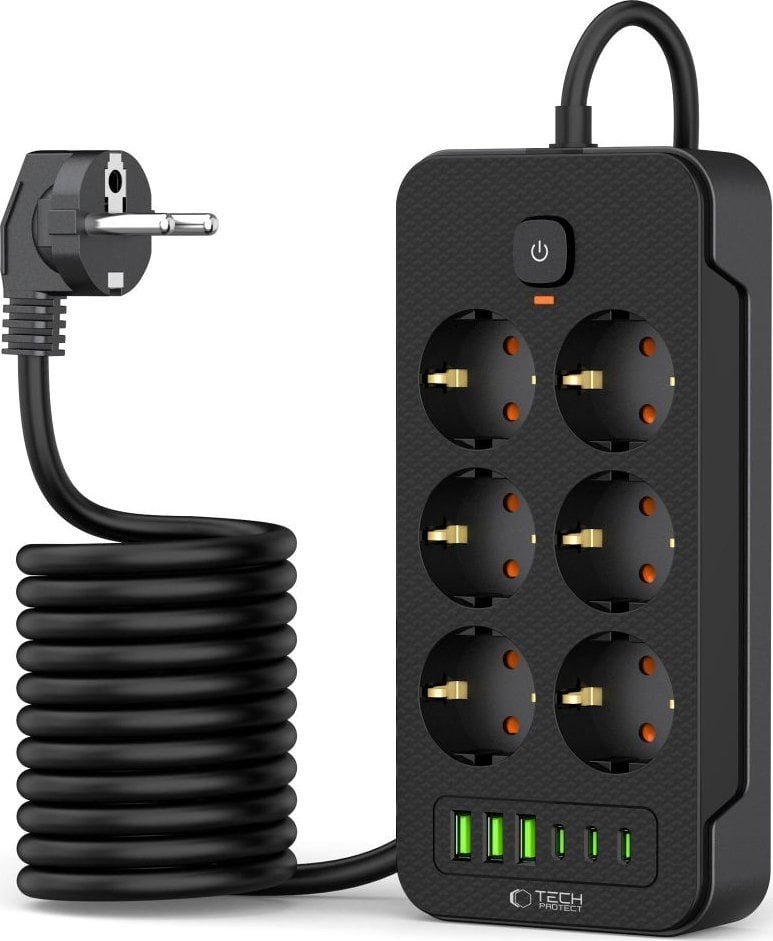 Штекер повеќенаменски Tech-Protect PC6X6, 6 порти 240V, 3x USB A 3x USB C, кабел 2m, црн