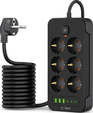 Штекер повеќенаменски Tech-Protect PC6X6, 6 порти 240V, 3x USB A 3x USB C, кабел 2m, црн