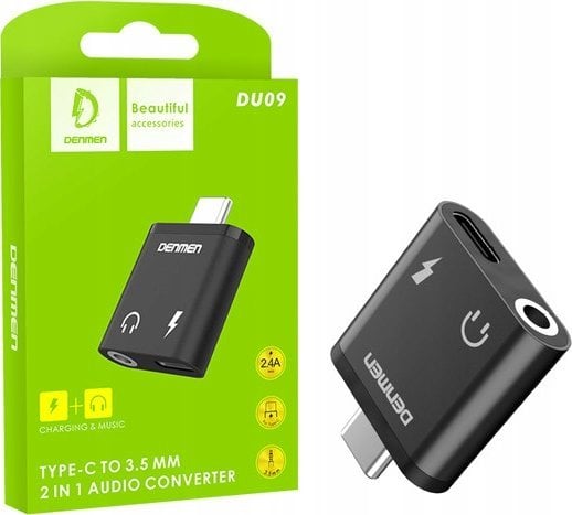Adapter audio Denmen, USB C në 3.5mm, alumini, i zi