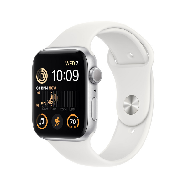 Apple Watch SE2 GPS 44mm, Silver Aluminium Case me White Sport Band, Regular