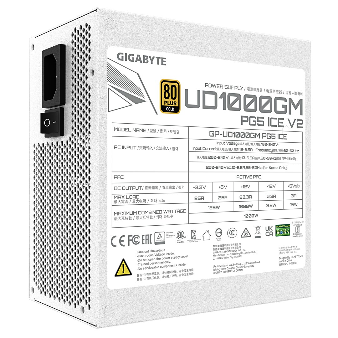 Burim energjie GIGABYTE UD1000GM PG5 V2 ICE, 1000W, 80 Plus Gold, ATX 3.1, i bardhë