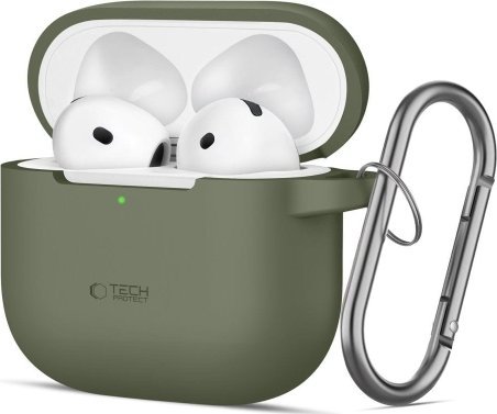 Këllëf silikoni Tech-Protect për Apple AirPods 4, me grep, jeshile ulliri