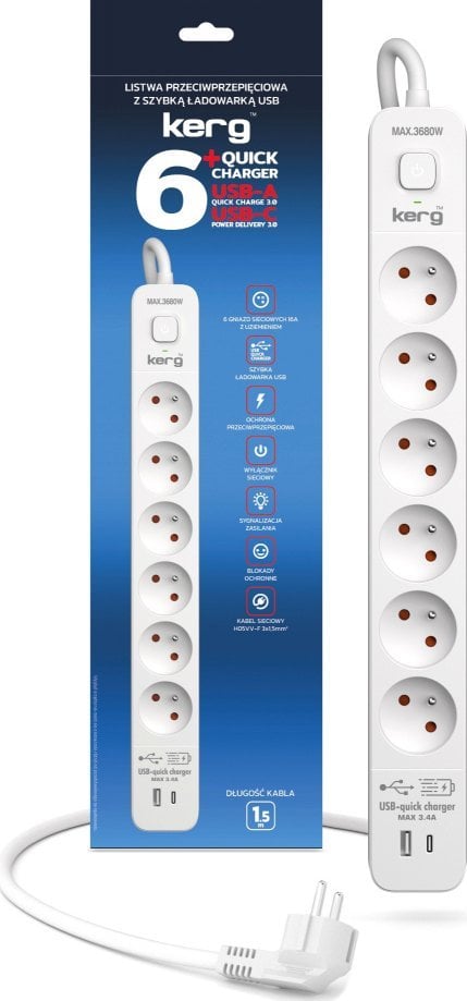 Prizë shumëshe Triton KERG, 6 dalje, USB A dhe USB C, 16A, 3m, e bardhë