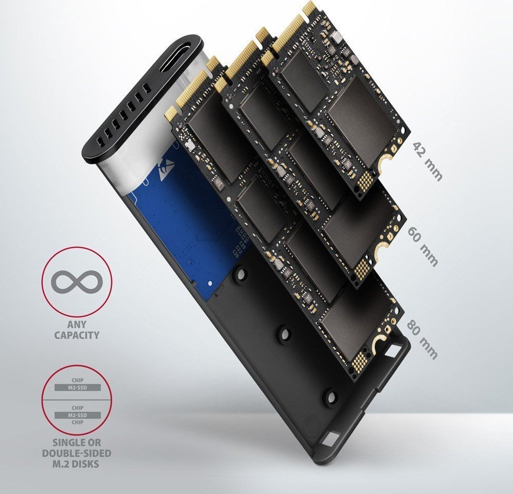 Надворешно куќиште SSD Axagon EEM2-SB2, USB C 3.2 Gen 2, M.2 NVMe SATA, алуминиум