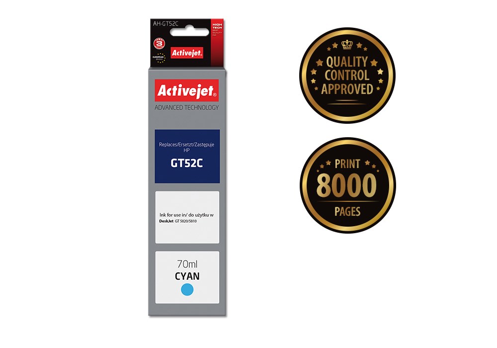 Ngjyrë për printer Activejet AH-GT52C (zëvendësim për HP GT52C M0H54AE), 70 ml, e kaltër