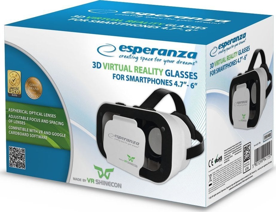 VR очила Esperanza EMV400, за смартфон 4.7" 6", прилагодување на леќи, црни