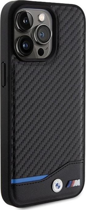 Mbulesë telefoni BMW Leather Carbon Blue Line për iPhone 15 Pro Max, lëkurë dhe karbon, e zezë me vijë blu