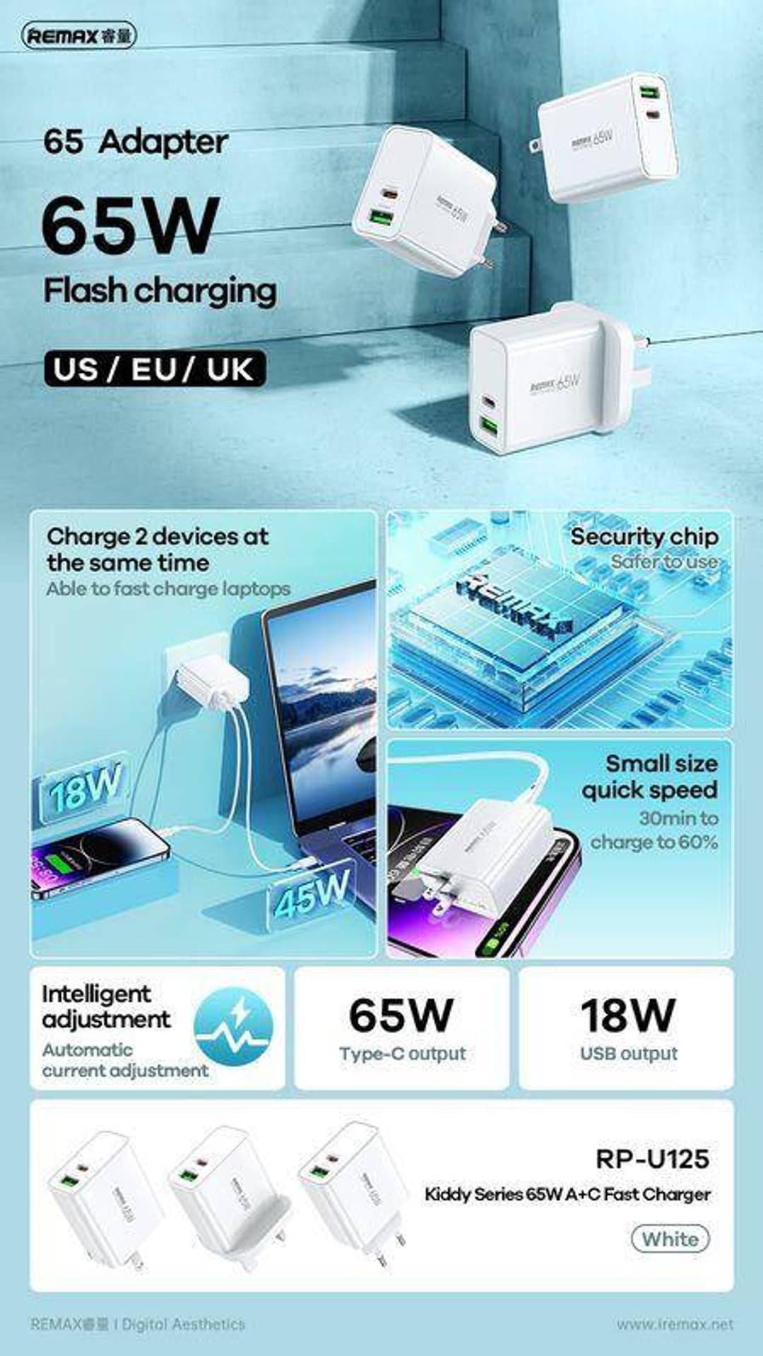 Полнач за ѕид Remax Kiddy Series RP U125, 65W, USB и USB C, бел