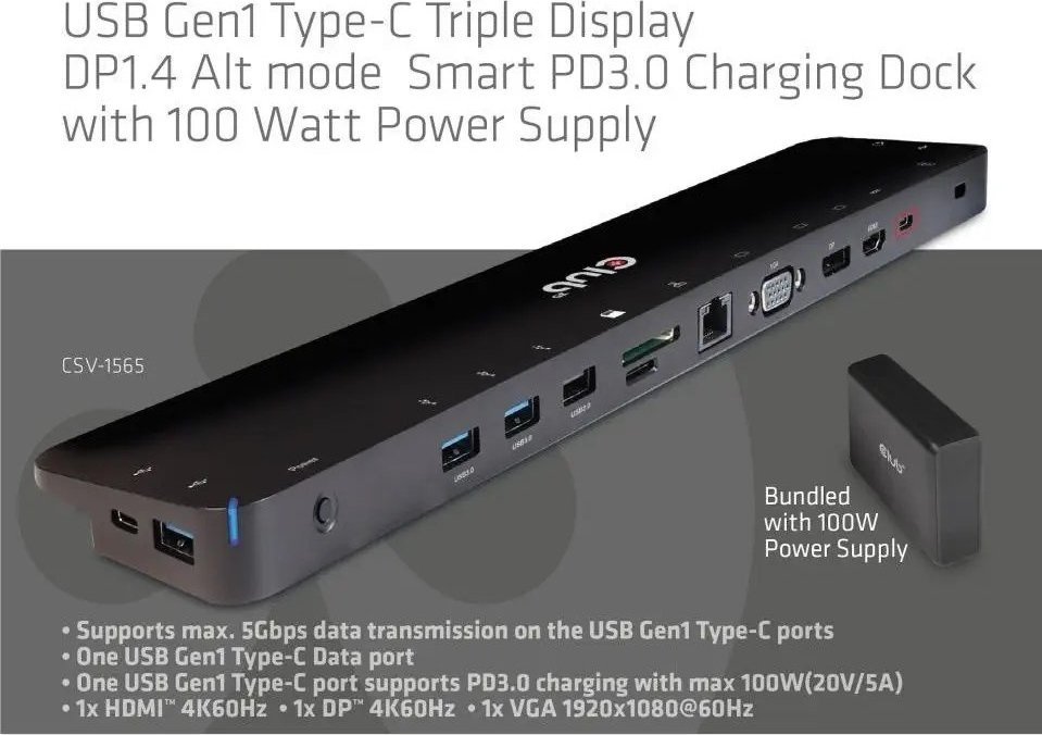Stacion docking Club 3D CSV-1565, USB-C, DisplayPort dhe HDMI, i zi