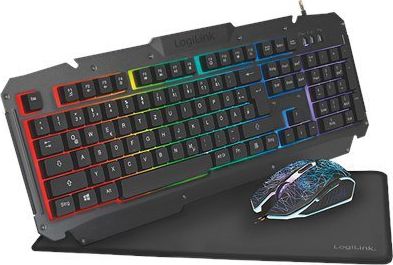 Set gaming LogiLink ID0185, tastierë gjermane, ndriçim RGB, i zi