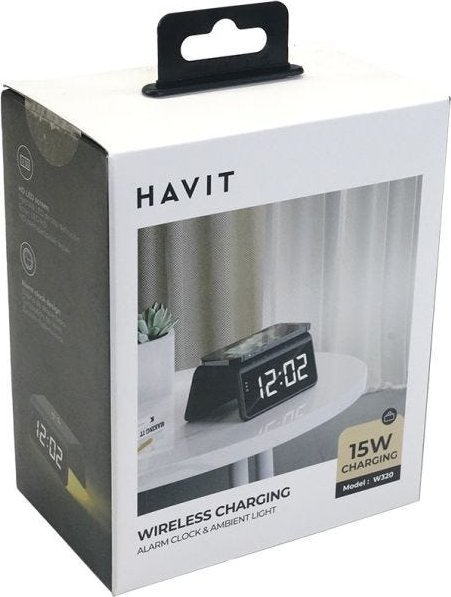 Karikues wireless Havit W320, 15W, me orë dhe alarm, i zi