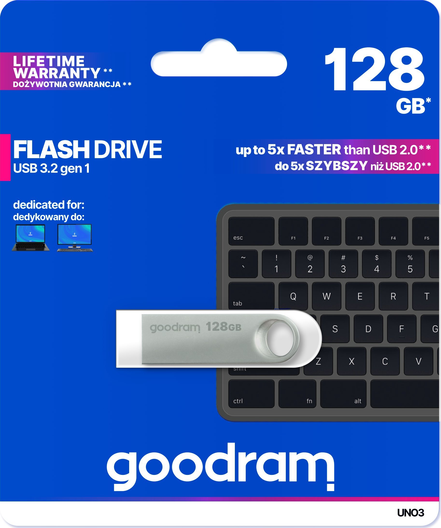 USB GoodRam UNO3, 128GB, USB 3.2 Gen1, сребрена