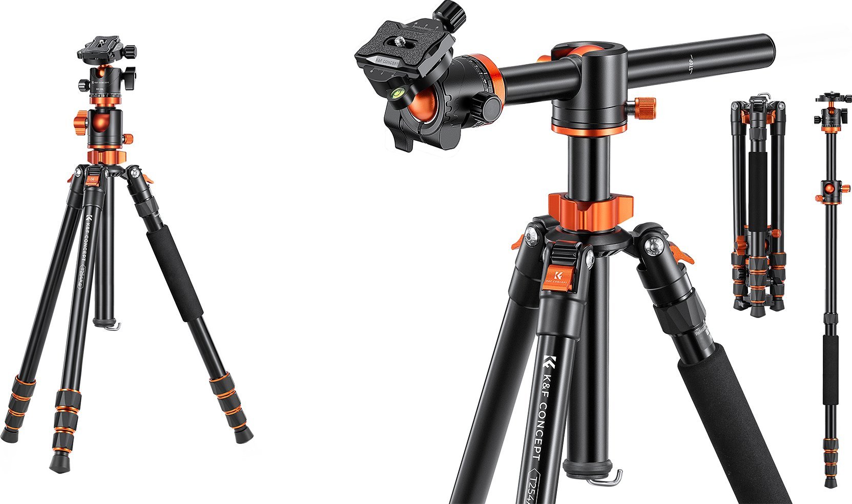 Фотографски трипод K&amp;F Concept T254A4+BH-28L, легура од алуминиум и магнезиум, конвертибилен во монопод, металик портокалов