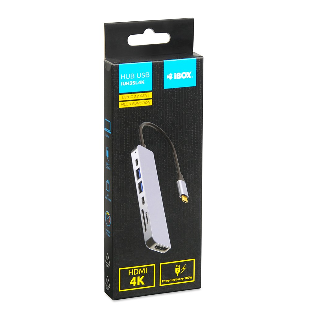 USB Hub IBOX IUH3SL4K, HDMI, USB-C, i hirtë