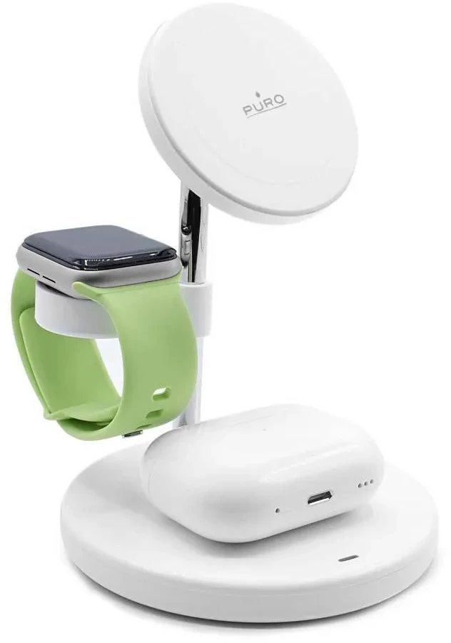 Stendë karikimi 3 në 1 Puro MagSafe, për iPhone Apple Watch dhe kufje, e bardhë