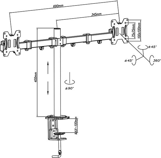 Mbajtës tavoline për dy monitorë BLOW Drk Pro 2 76-871, rregullim lartësie dhe këndi, i zi