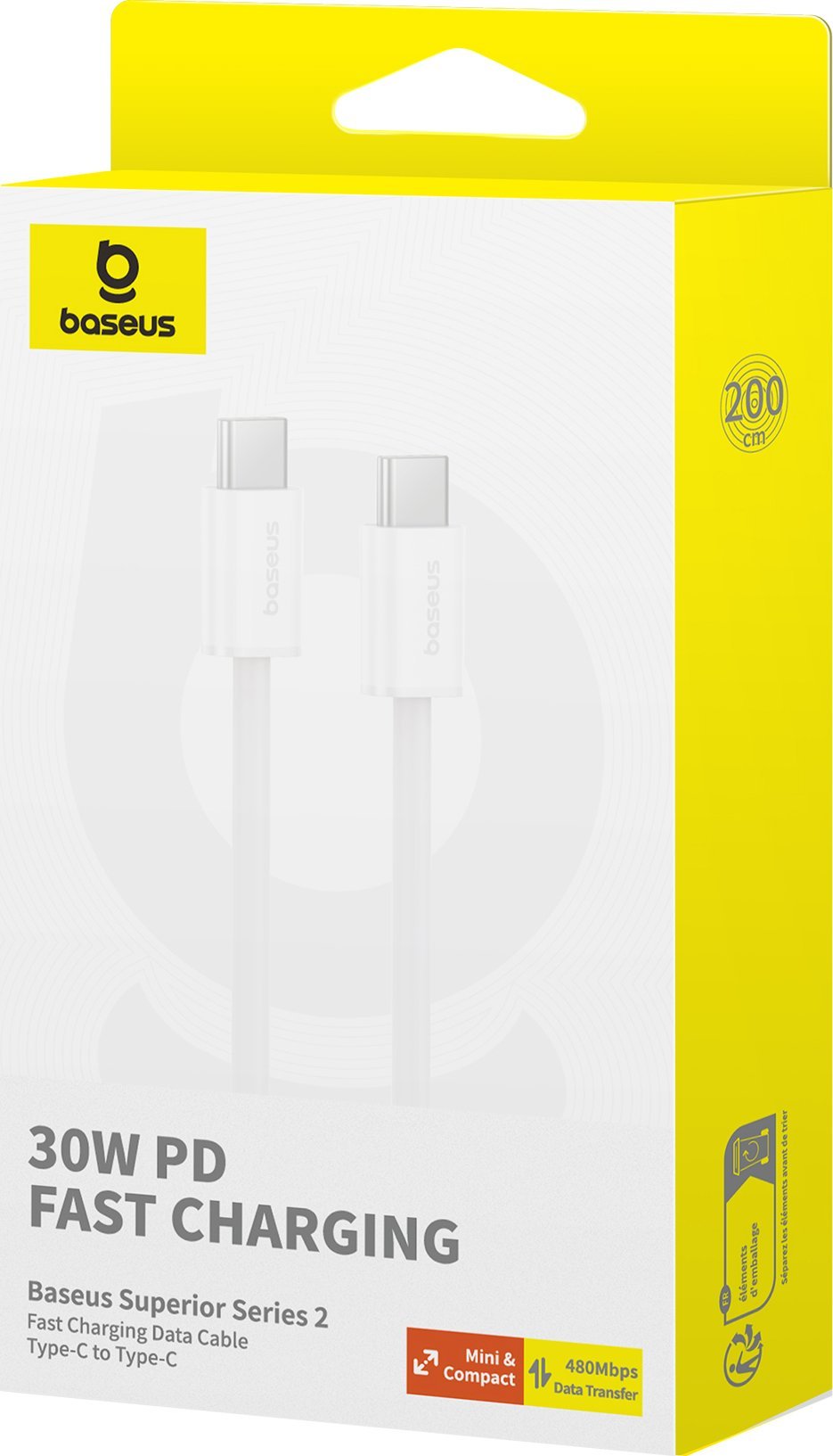 USB C кабел Baseus Superior Series II, 30W PD, 2m, бел
