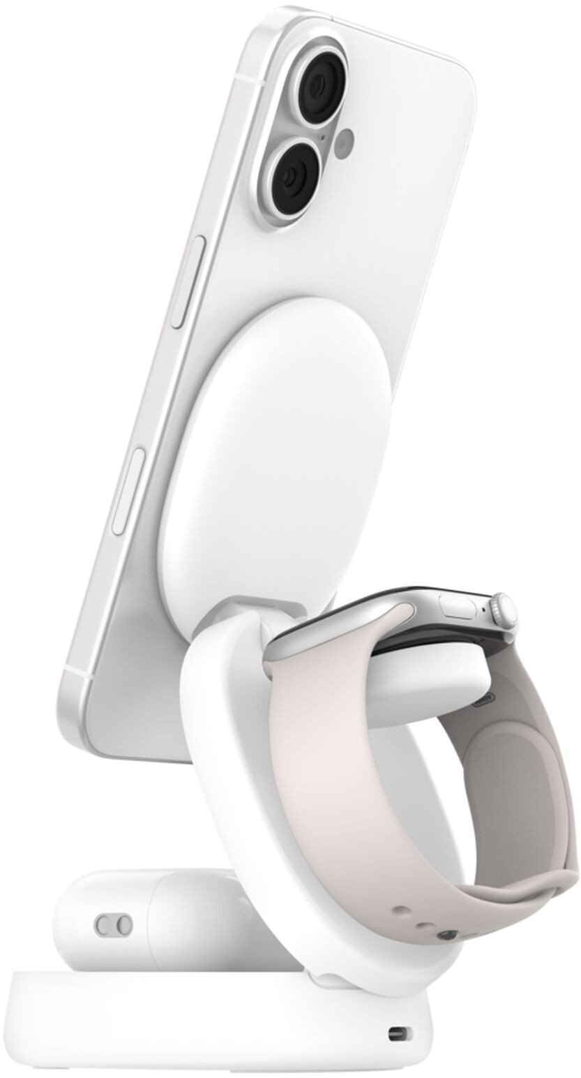 Станица за полнење Belkin Foldable Magnetic 3 in 1, Qi2 и MagSafe, безжична, бела