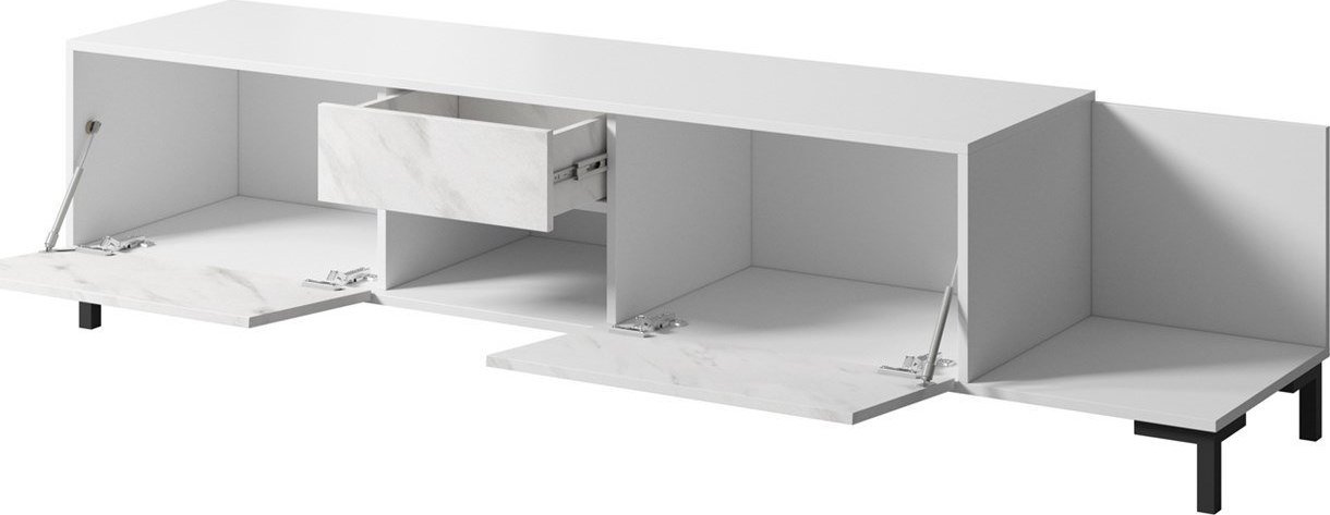 Kredencë TV Cama Meble Marmo 2D1S1K, 195x40x47.5 cm, PAL, e bardhë mat me mermer të bardhë