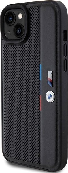 Kapak telefoni BMW Perforated Tricolor Line për iPhone 15 Plus 14 Plus, lëkurë ekologjike, i zi
