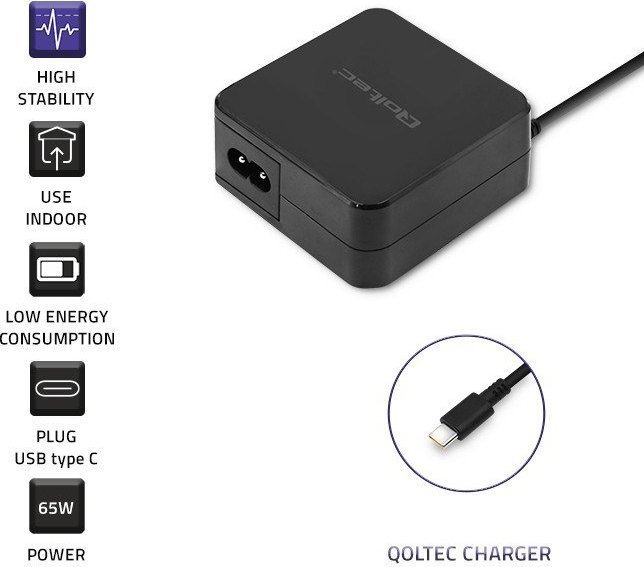 Karikues laptopi Qoltec 51027, 65W, USB Type C PD, i bardhë