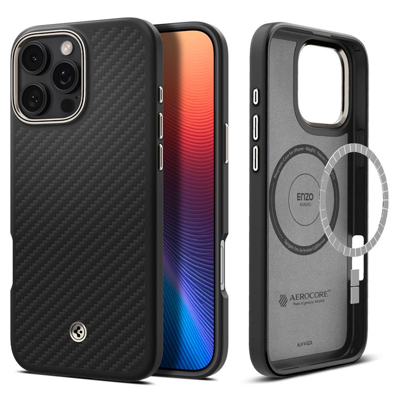 Mbështjellës për iPhone 16 Pro Max Spigen Enzo Aramid, i zi