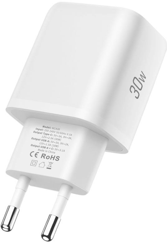Полнач за ѕид Tech-Protect NCA30, 30W PD QC3.0, USB-A USB-C, бел