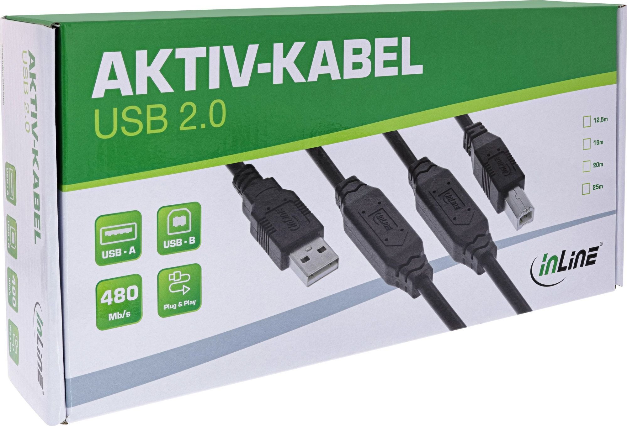 Kabllo aktive USB InLine USB 2.0, USB-A në USB-B, 15m, e zezë