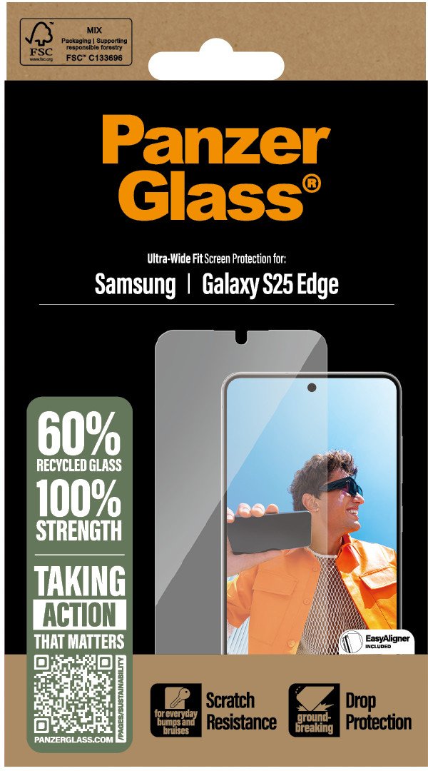 Mbrojtës ekrani CARE by PanzerGlass Ultra Wide Fit, për Samsung Galaxy S25 Edge, xham mbrojtës, transparent