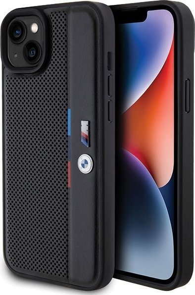 Kapak telefoni BMW Perforated Tricolor Line për iPhone 15 Plus 14 Plus, lëkurë ekologjike, i zi