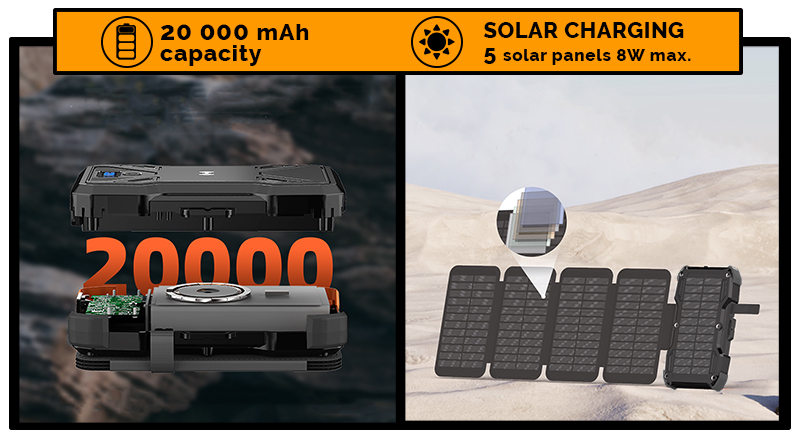 Power bank solare VIKING TYR II, 20000mAh, QC3.0 dhe Power Delivery, e zezë