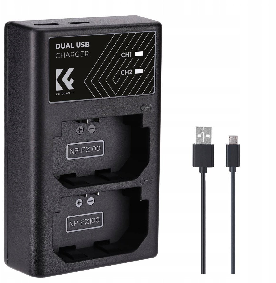 Karikues dykanalësh për kamera K&F Concept FZ100, LED, Type C, i zi