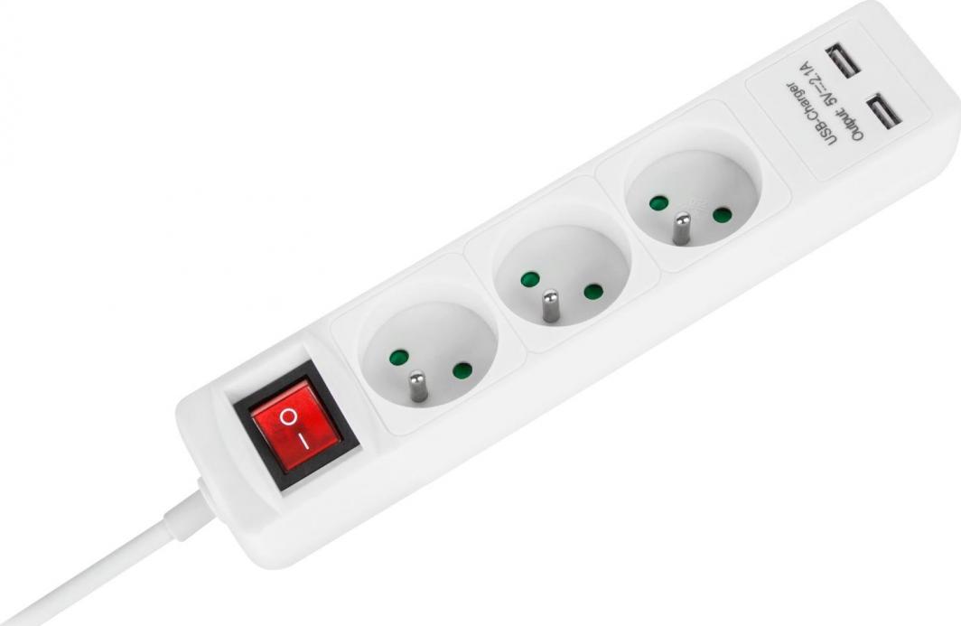 Zgjatës prizash Rebel, 3 dalje, 2 porta USB 2.1A, 1.5m, i bardhë